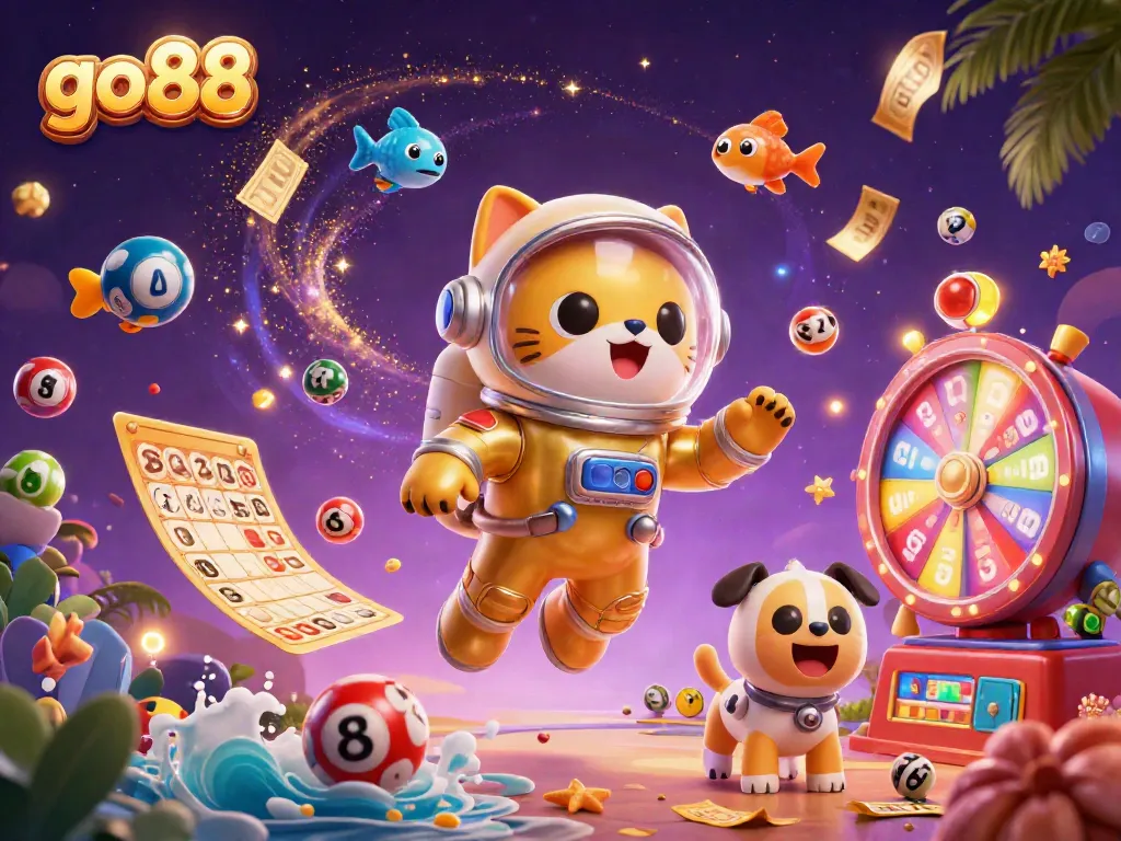 Engage with go88's vibrant gaming universe in this ultra-detailed 3D illustration featuring an astronaut cat and alien elements.