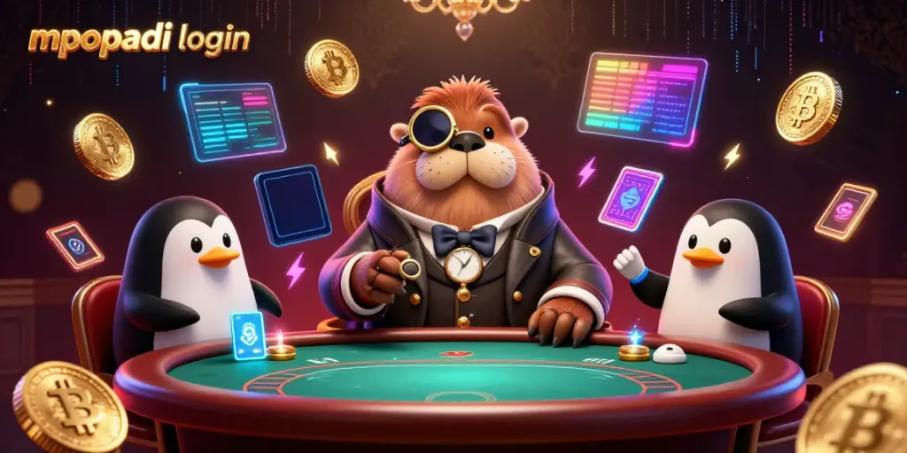 Engage with mpopadi login at a vibrant underwater poker scene featuring a walrus, penguin dealer, and pufferfish player.
