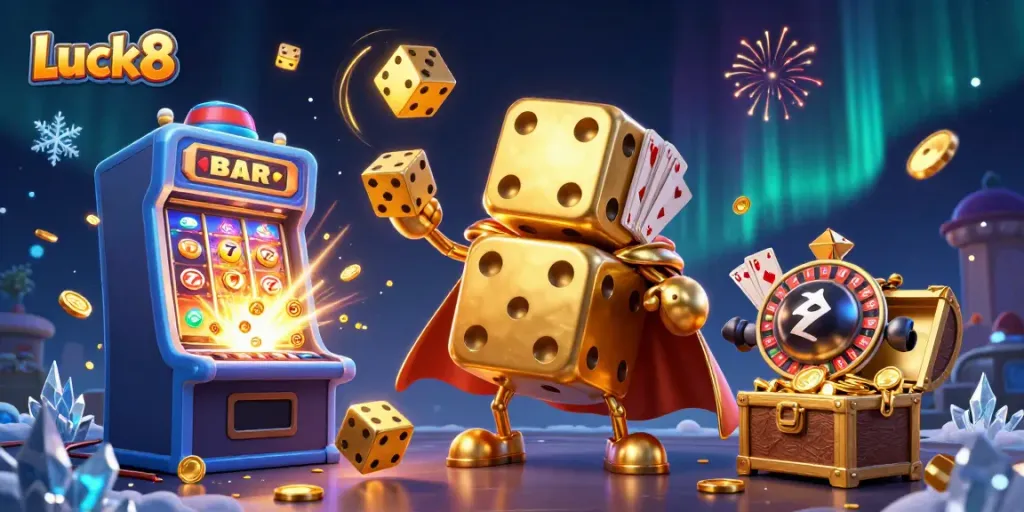 Engage in exciting casino games with Luck8 featuring vibrant golden dice, dynamic game elements, and a captivating jackpot scene.