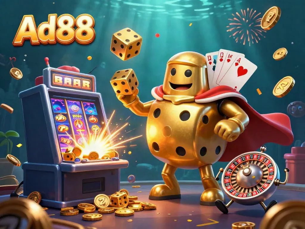 Experience the thrill of Ad88 with a vibrant 3D casino scene featuring golden dice and slot machines bursting with rewards.
