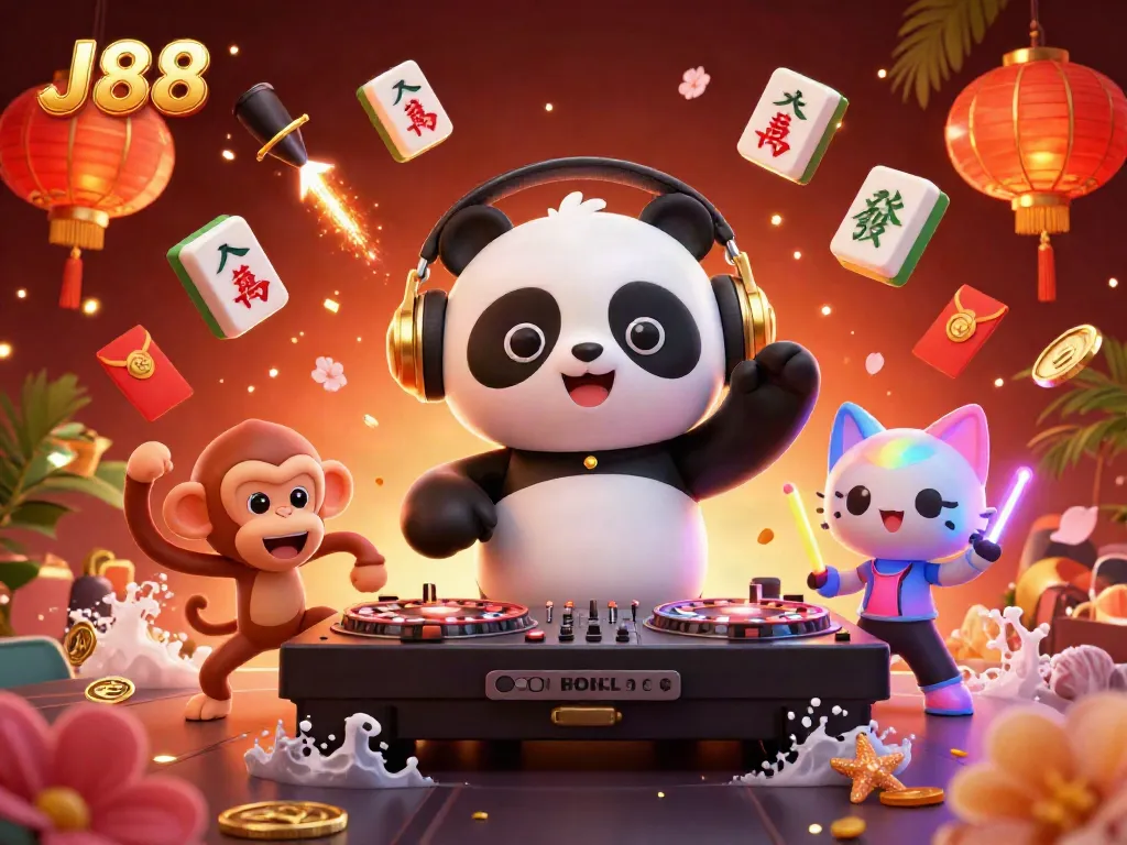 Experience the thrill of J88 gaming with a DJ panda, breakdancing monkey, and glow-stick kitten.