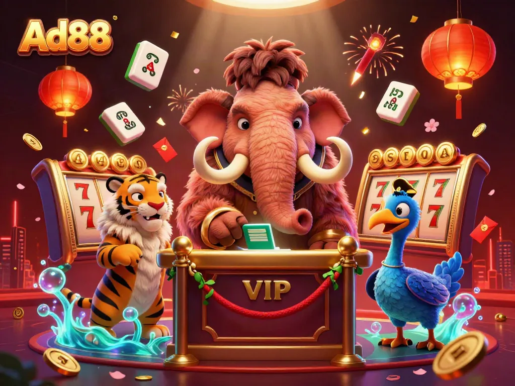 Experience thrilling gameplay at Ad88 with epic characters in a vibrant casino setting, surrounded by dynamic game elements.