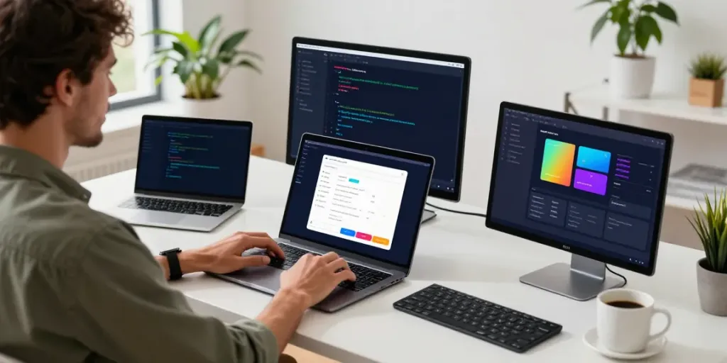 Developer coding APK applications in a modern workspace, showcasing innovation and creativity.