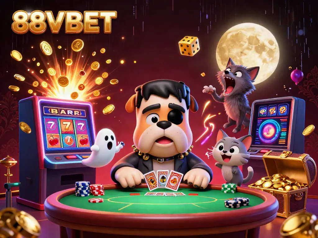 88VBET showcases a thrilling 3D casino scene with a whimsical bulldog dealer and jackpot excitement.