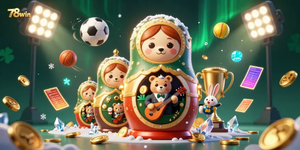 Engage with the lively atmosphere at 78win with cartoon characters and dynamic sports action.