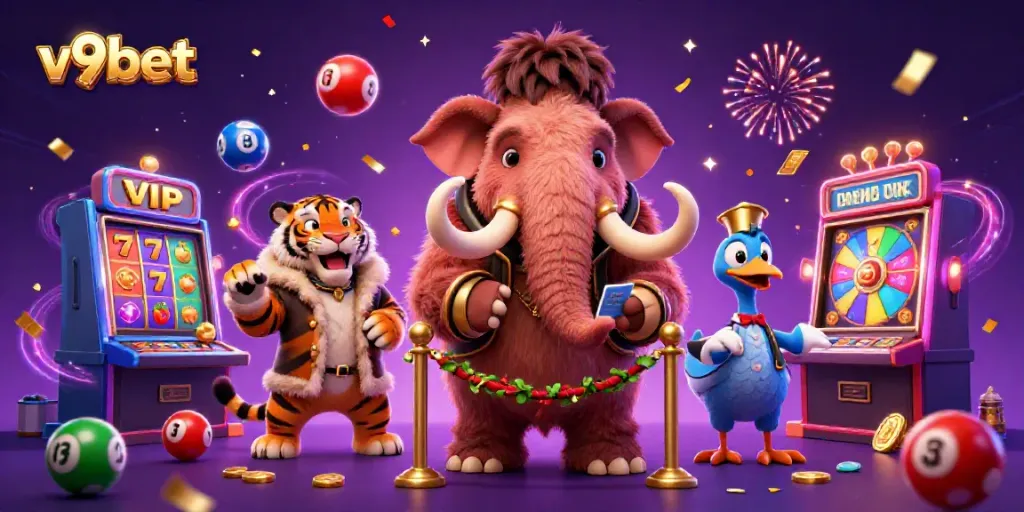 Experience the excitement of v9bet with a lively casino scene featuring interactive characters and vibrant elements.