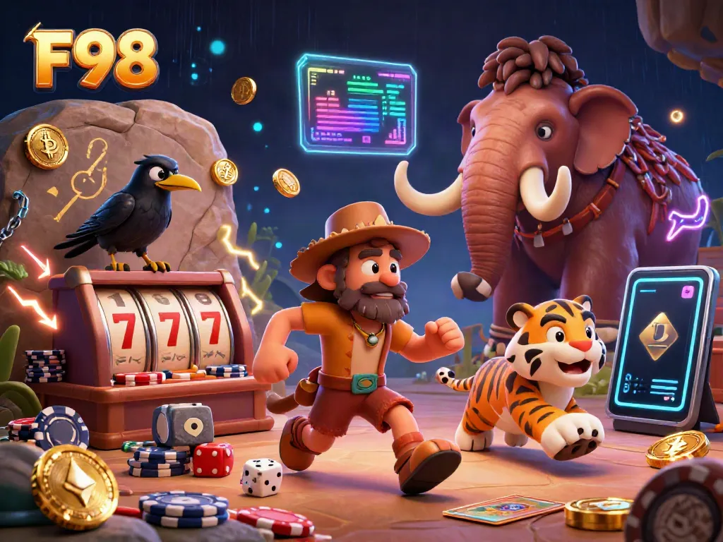 Experience thrilling F98 gameplay with a caveman and sabertooth tiger in a vibrant casino scene.