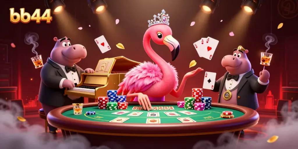 Experience the vibrant bb44 casino scene with a flamingo singer and hippo bassist amidst poker elements.