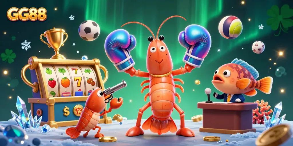 Gameplay scene featuring GG88 characters amid dynamic slot reels and sports elements in a vibrant casino atmosphere.