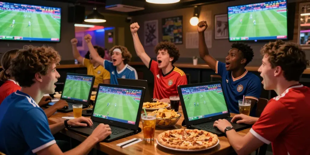 WWBOLA betting scene with friends enjoying soccer match at sports bar.