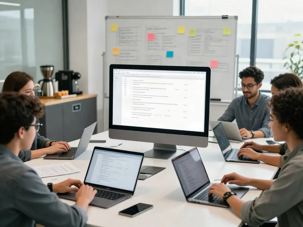 Group collaborating on a tech project featuring a 링크모음 webpage.