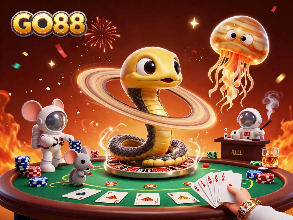 Experience the dynamic energy of gambling at GO88 with cosmic casino elements and vibrant characters.