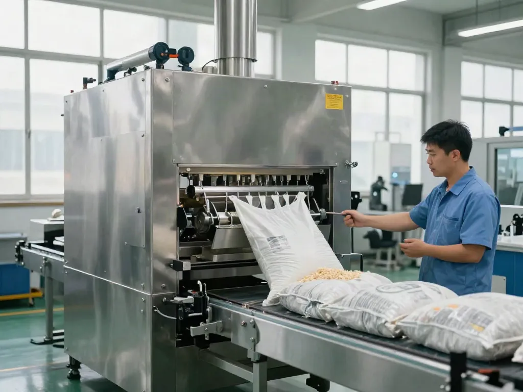 Open mouth bag filling machine efficiently packaging materials in a modern facility