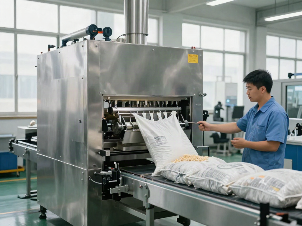 Open mouth bag filling machine efficiently packaging materials in a modern facility