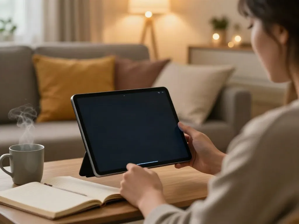 Engaging in AI sex chat on a tablet in a cozy atmosphere.