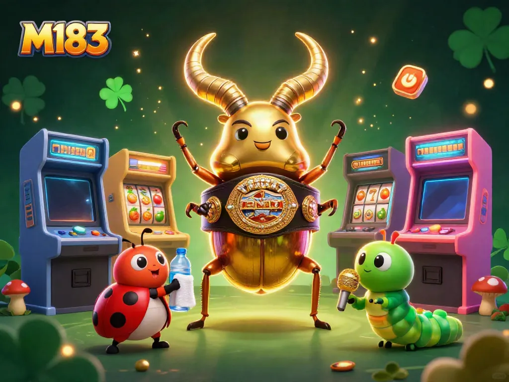 Engage with M183 as a golden stag beetle faces adventure amidst vibrant casino elements.