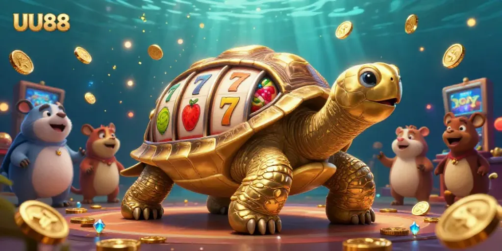 Engage with UU88's golden tortoise slot machine as animals line up for thrilling gameplay amidst sparkling gems.